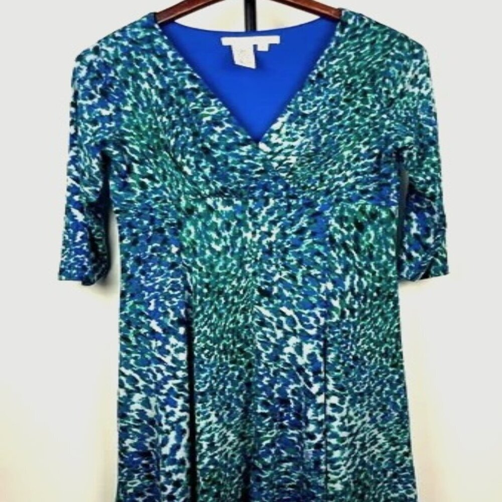 LONDON TIMES WRAP-FRONT V-NECK DRESS WITH SEASONAL PRINT
